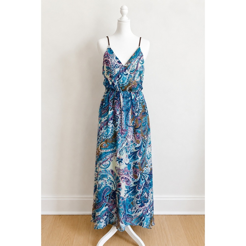 Shyanne Blue Paisley Wrap Maxi Dress M Braided Leather Strap Hi-Lo Hem Boho
